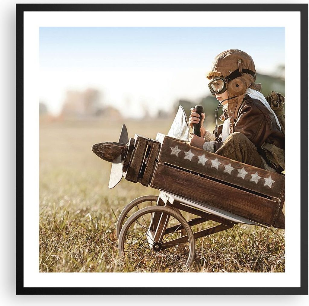 Gerahmtes Poster - Schwarzer Rahmen - Kindheit Flugzeug Spielzeug - 60x60 cm - Wand Bild - Wanddeko - Wandbilder - Kunstposter - Wandposter - Bilde...