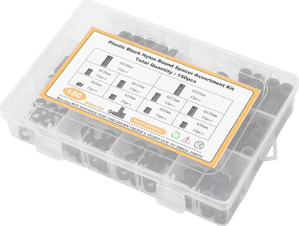150-teiliges Nylon-Abstandshaltersortiment - schwarze Kunststoff - Schrauben Hardware - rundes Abstandsringsortiment