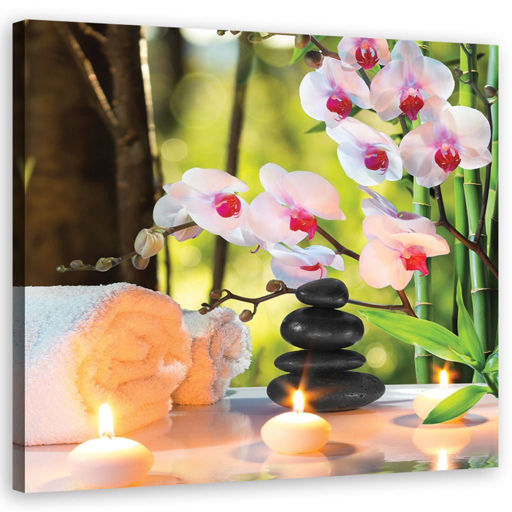 Leinwandbild Spa-Kerzen und Orchideenblüten 60x60 Feeby Rosa bild für die wand bereit zum aufhängen