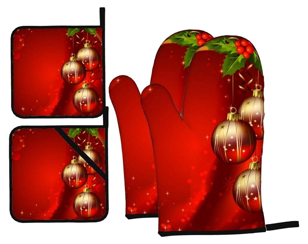 Ofenhandschuhe und Topflappen-Set, hitzebeständiger rutschfester Handschuh und Topflappen, 4 Stück, zum Backen und Grillen