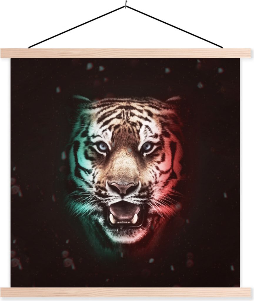 MuchoWow Textilposter Tiger - Farbe - Tiere 60x60 cm mit holzfarbenen Rahmen - Wanddekoration