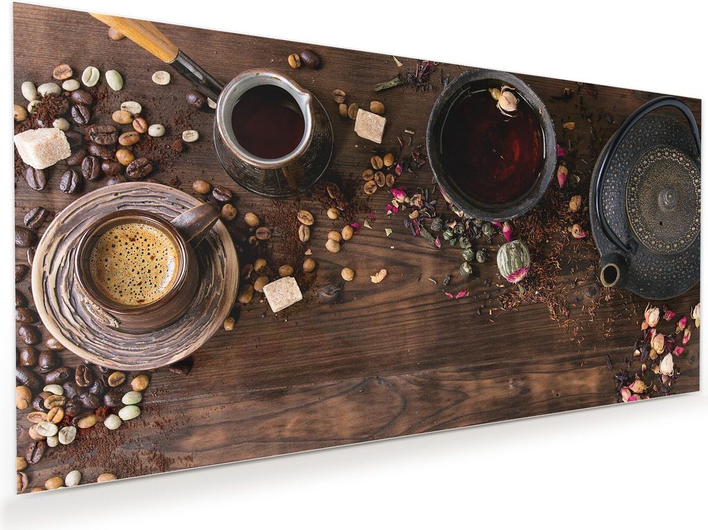 Glasbild Wandbild Kaffee und Tee auf Tisch 60x30cm in XXL für Wohnzimmer, Schlafzimmer, Badezimmer, Flur