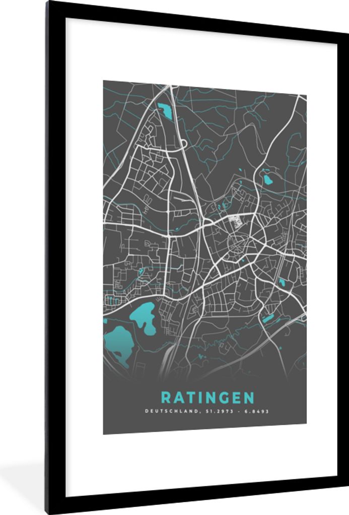 MuchoWow Gerahmtes Poster Blau - Deutschland - Karte - Stadtplan - Ratingen 60x90 cm - Poster mit Schwarzem Bilderrahmen Wandposter Rahmen Foto B...