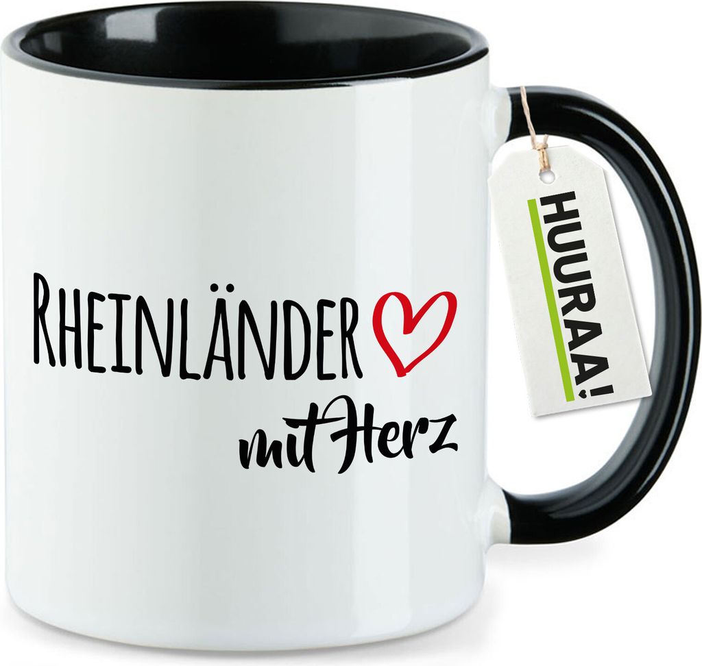 Huuraa Kaffeetasse Rheinländer mit Herz Geschenk 330ml Schwarz Rheinländer Präsent
