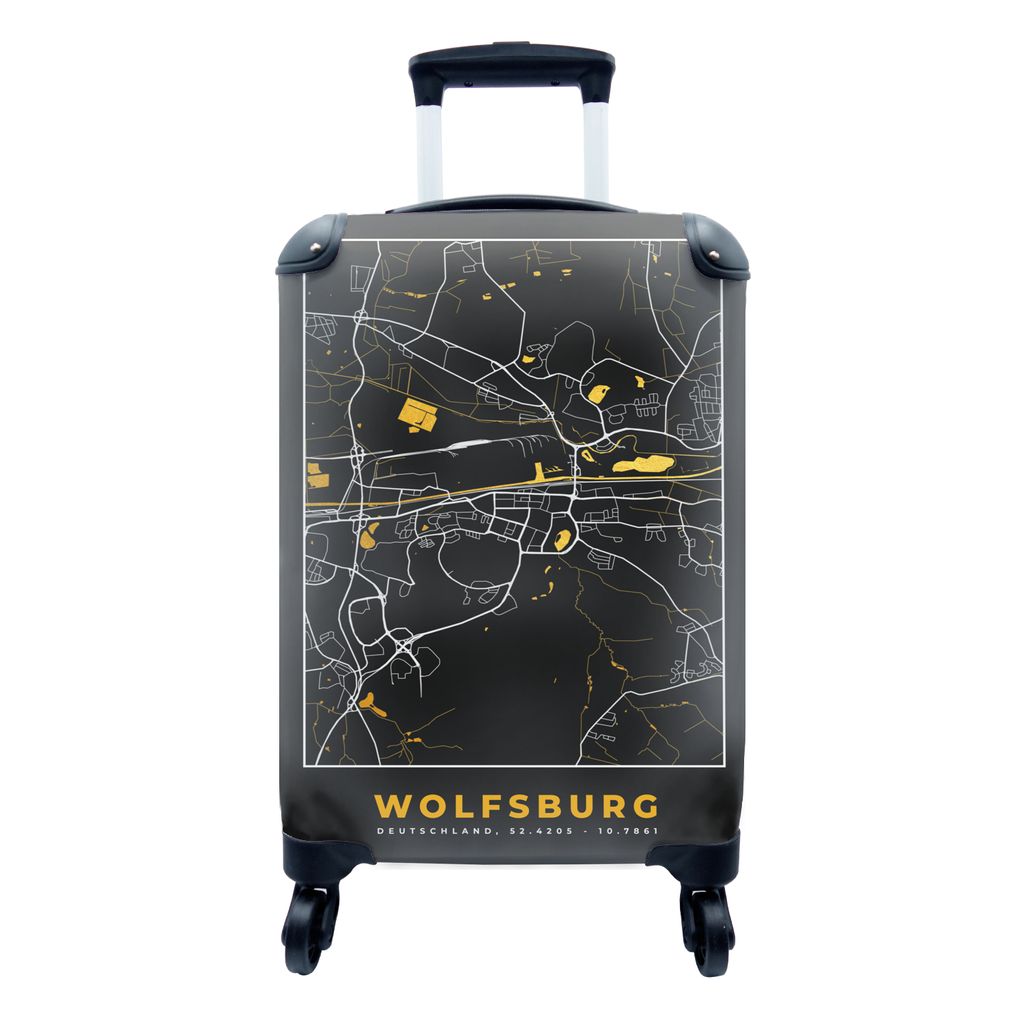 MuchoWow Koffer Handgepäck Trolley Rollkoffer Kleine Reisekoffer mit 4 Rollen - Schwarz und Gold - Stadtplan - Wolfsburg - Deutschland - Karte -...