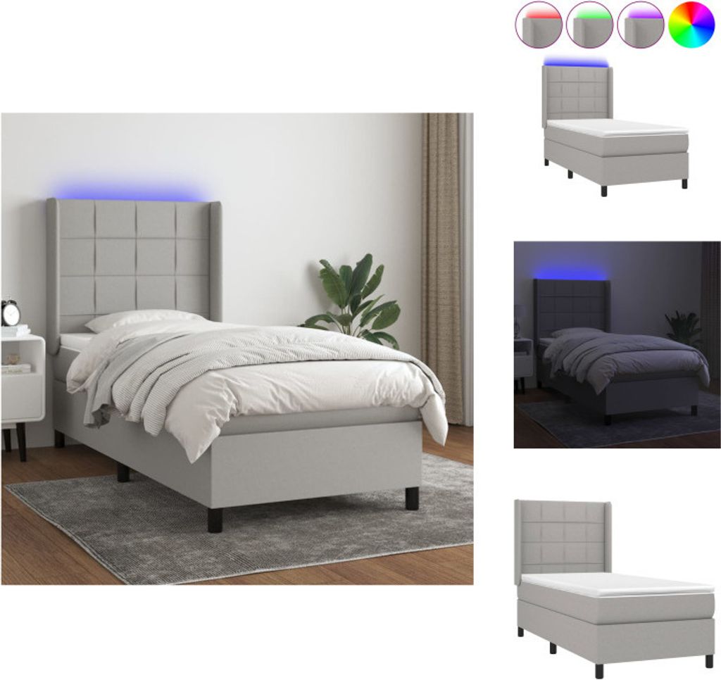 vidaXL Boxspringbett mit Matratze & LED Hellgrau 90x200 cm Stoff - Betten & Bettgestelle