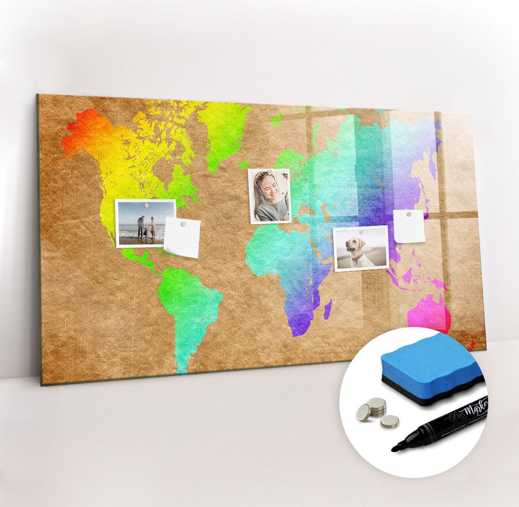 Magnetpinnwand Memoboard - Zubehörsatz - Schwarzer Marker + Schwamm + Magnete - 120 x 60 cm - Weltkarte