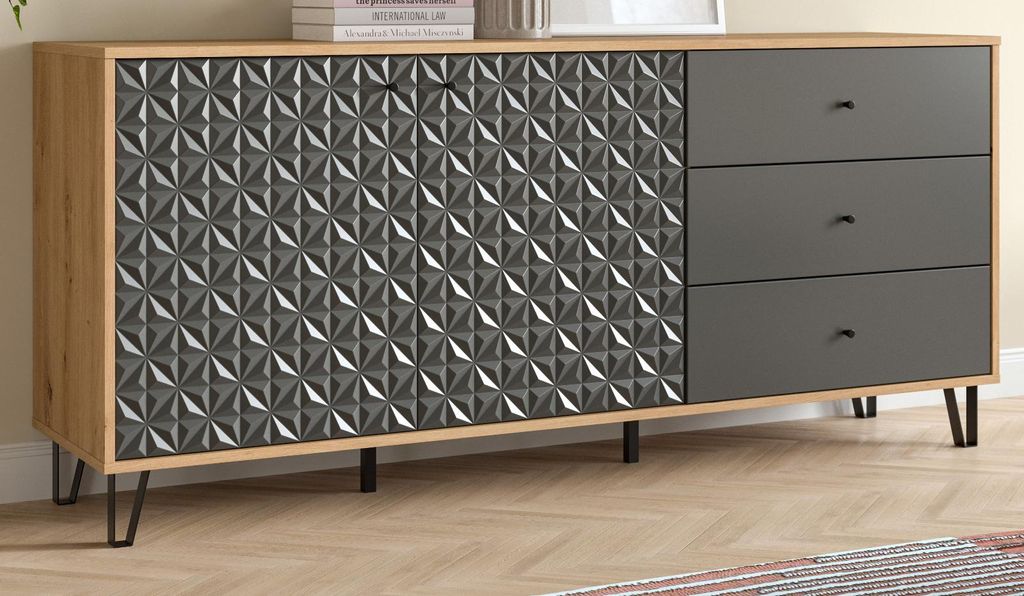 Sideboard "Relief" in grau und Artisan Eiche Kommode mit 3-D Struktur 169 x 76 cm