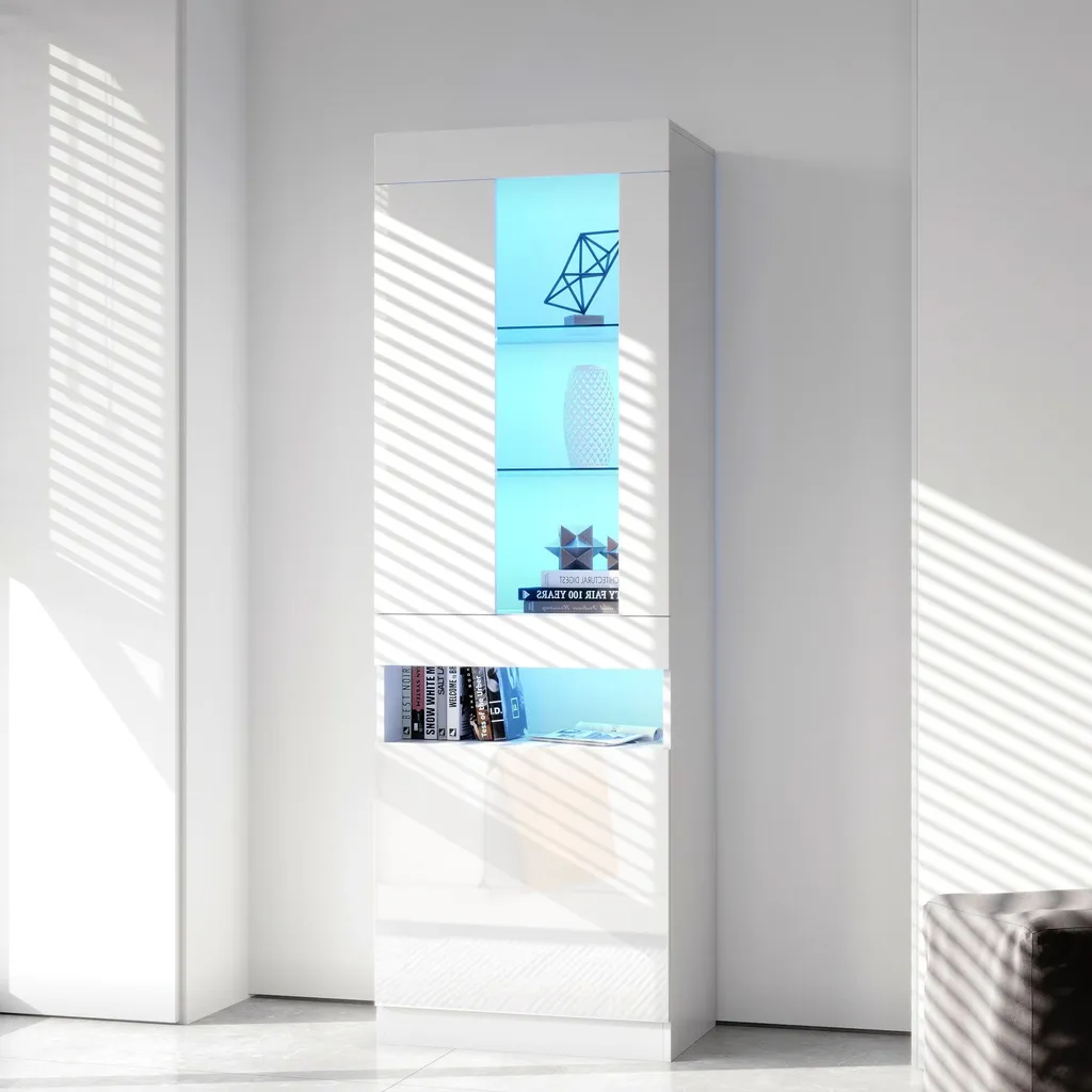 Meuble de salon pour exposition : vitrine LED blanche et rangement compact