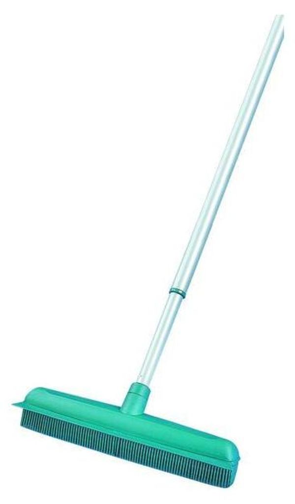 A green and silver broom on a white background.