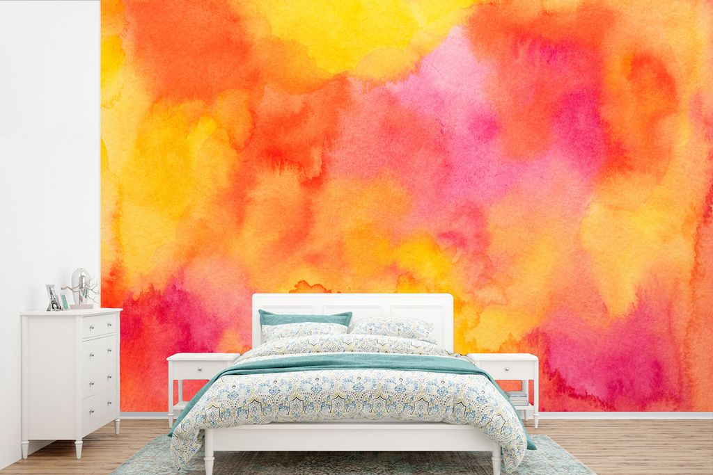 MuchoWow Fototapete für Wohnzimmer oder Schlafzimmer Wandtapete Vinyl Motivtapete Farbe - Malerei - Orange - Gelb - 390x260 cm - Papiertapete