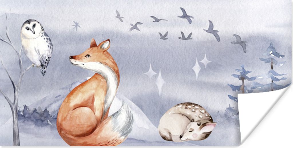 MuchoWow Poster Winter - Eule - Fuchs - Reh 80x40 cm - Wanddeko