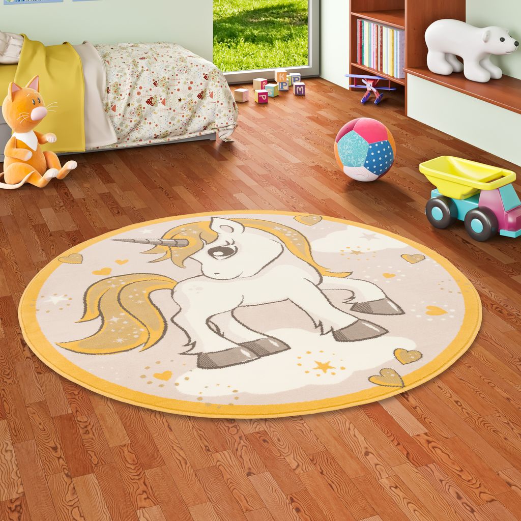 Kinderteppich Samba Kids Rund Einhorn Beige Gelb, Größe:160 cm Rund