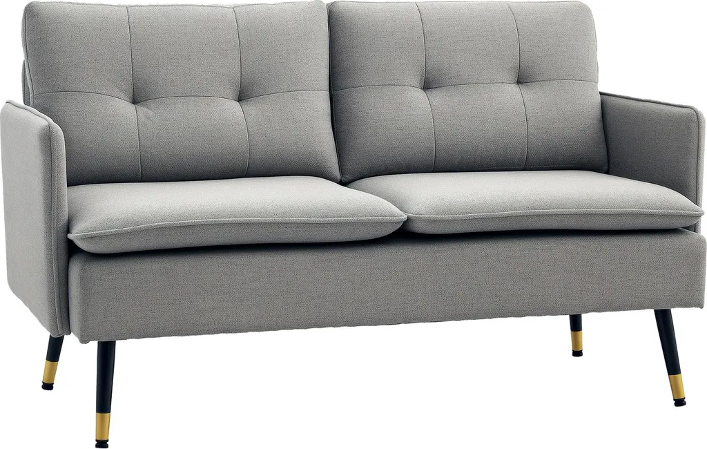 Canapé 2 places tissu gris avec passepoil et pieds bois scandinave