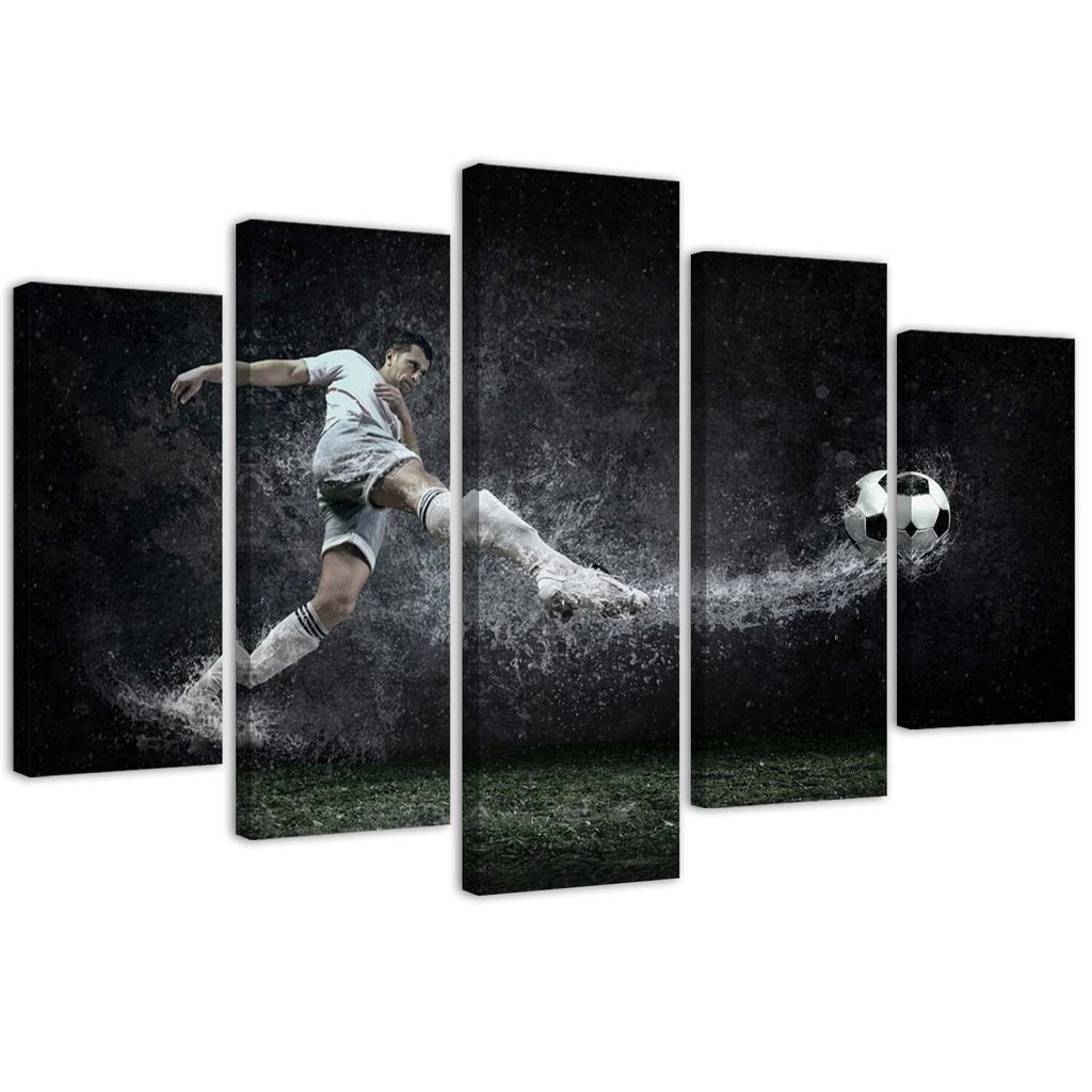 5-teiliges leinwandbild fußballer auf nassem rasen 100x70 cm Feeby grau wandbild bereit zum aufhängen