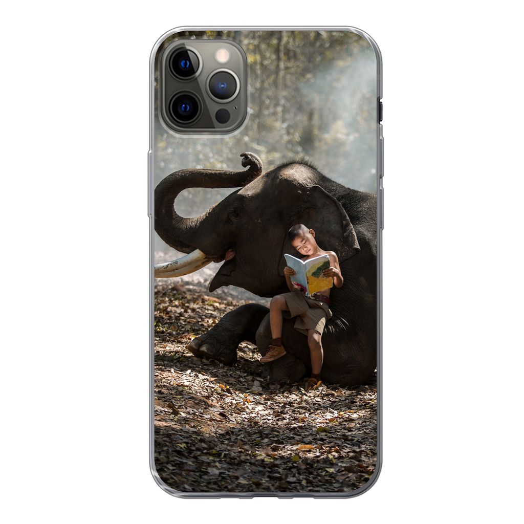MuchoWow Handyhülle Schutzhülle Hülle für iPhone 13 Pro Max Elefant - Junge - Buch - Wald - Tiere - Natur Silikon Softcase Handy Hülle - Mob...
