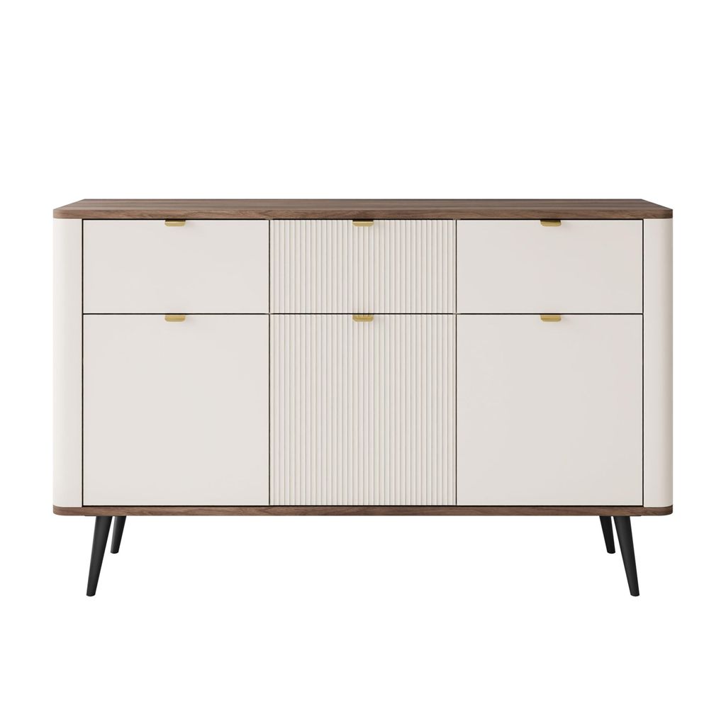A white and brown sideboard with black legs against a white background.