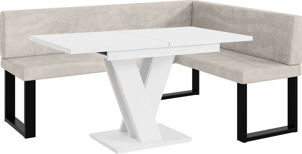 MEBLINI Eckbank für Esszimmer mit ausziehbarem Tisch - Küchenbank - Essecke - Sitzecke Küche - TONI - U-Beine 128x168x87cm Rechts - Beige Samt/M...