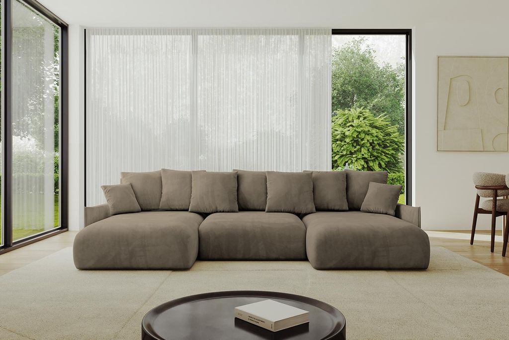 ALTDECOR Ecksofa in U-Form mit Schlaffunktion und Bettkasten ONESK-U 317x177x72 cm Braun - Corner Sofa Bett Eckcouch Couch U-Form Schlafcouch Auszi...