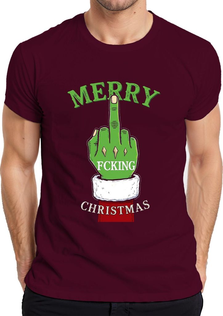 Merry Fcking Christmas Grinch Mittelfinger frech lustig böse Herren T-Shirt, Burgundy, XL