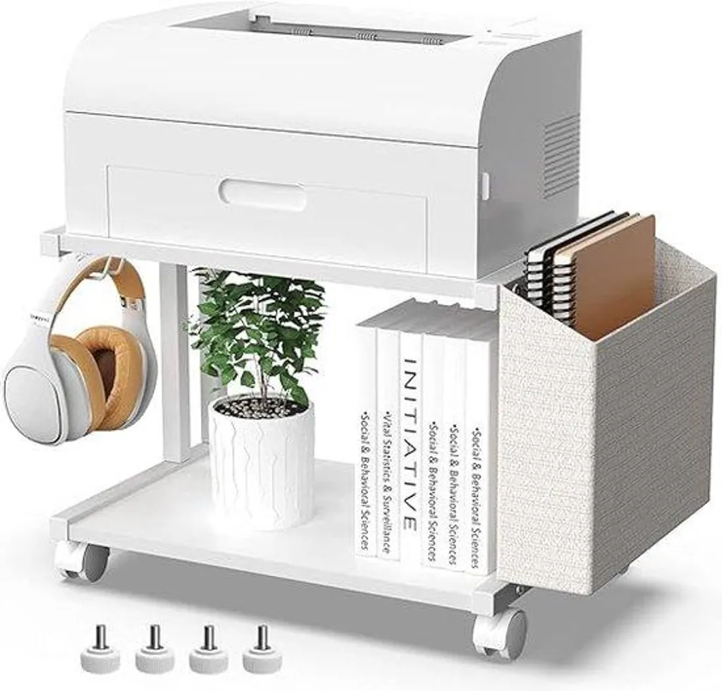 Étagère en bois pour imprimantes à 2 niveaux avec sac latéral polyvalent