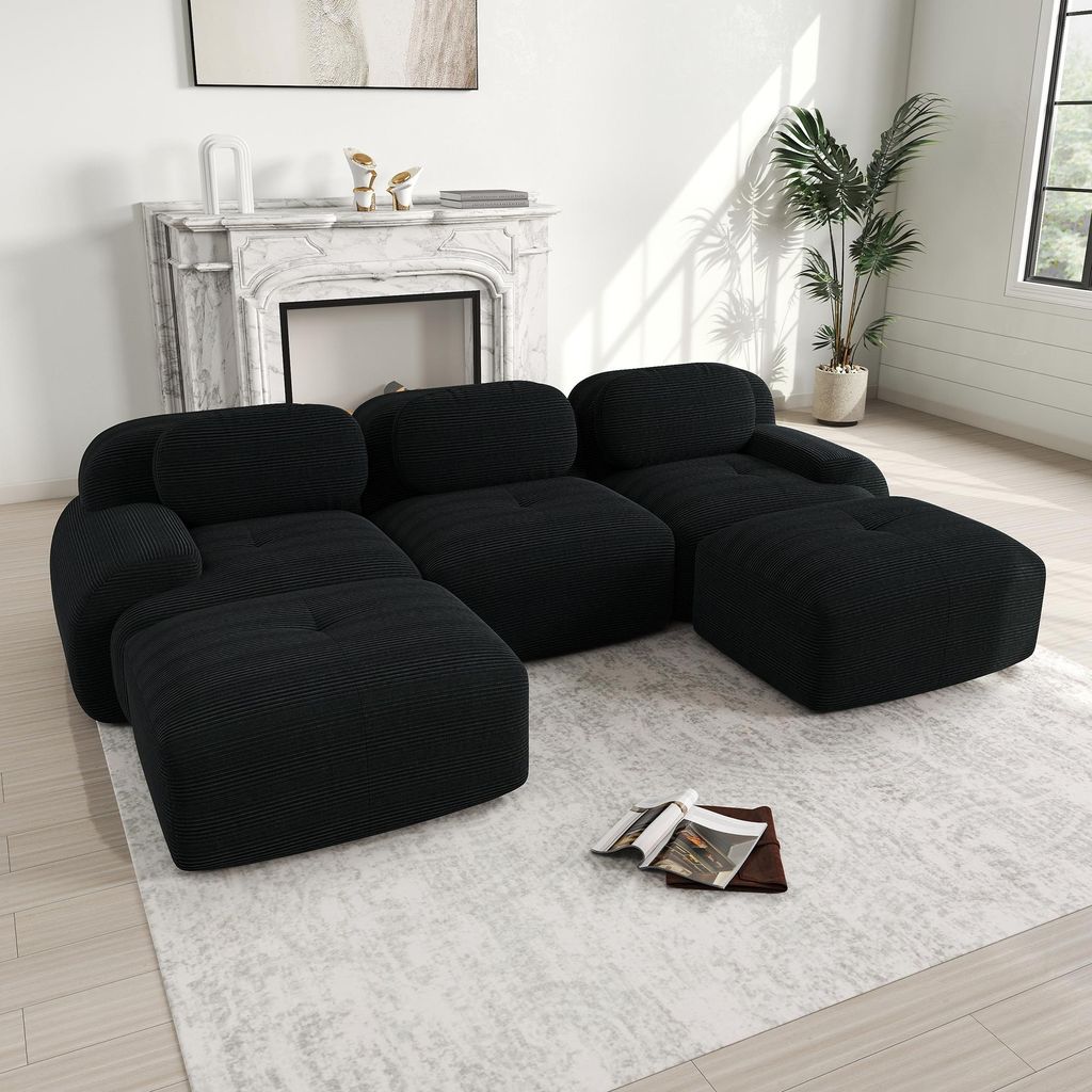 3-Sitzer-Sofa aus Cord, modulares Bodensofa,U-förmige Sitzgruppe, rahmenlose Sofas mit geschwungenen Armlehnen und rutschfester Unterseite, Schwarz