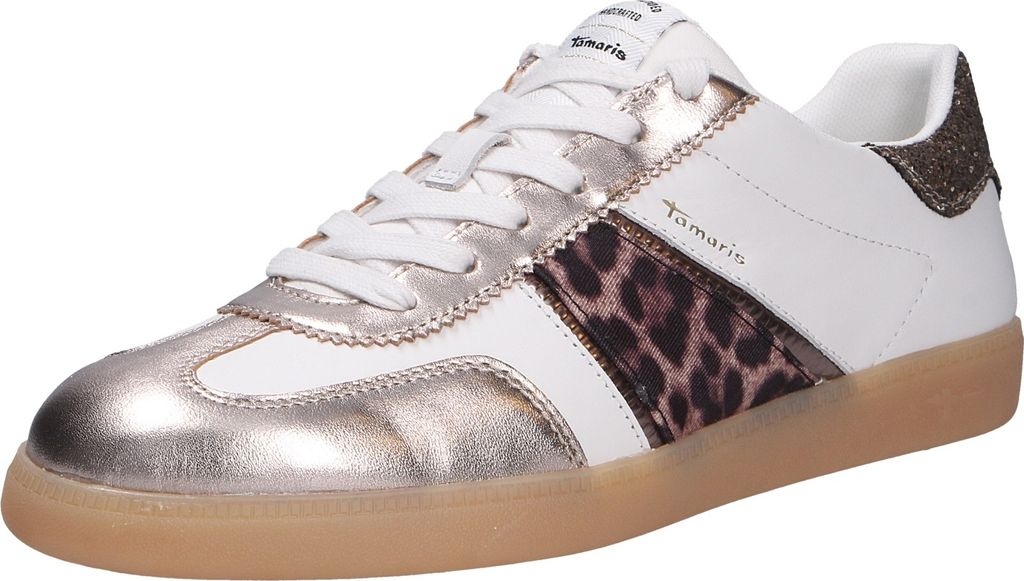 A single white sneaker with silver and leopard print accents is shown against a white background.