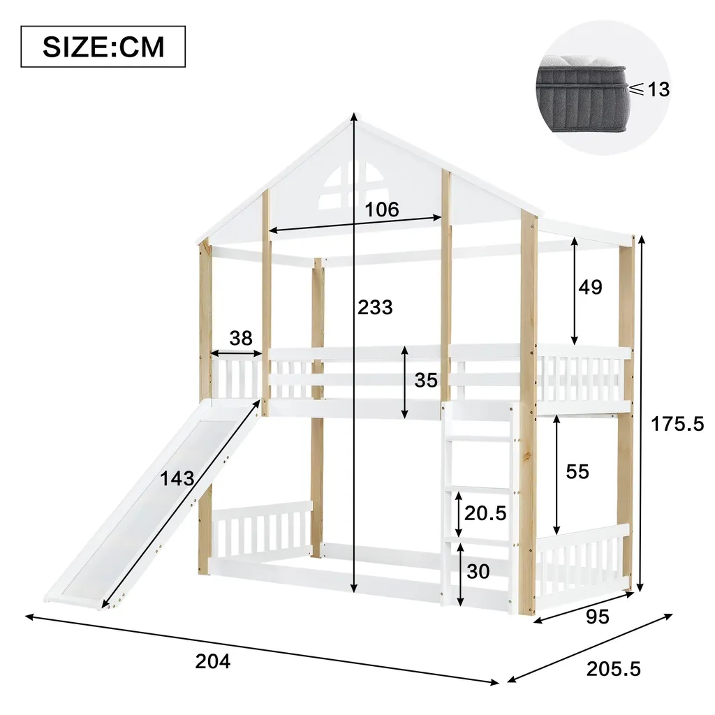 Lit surélevé 90x200cm avec barrière de sécurité et fenêtres décoratives - 6