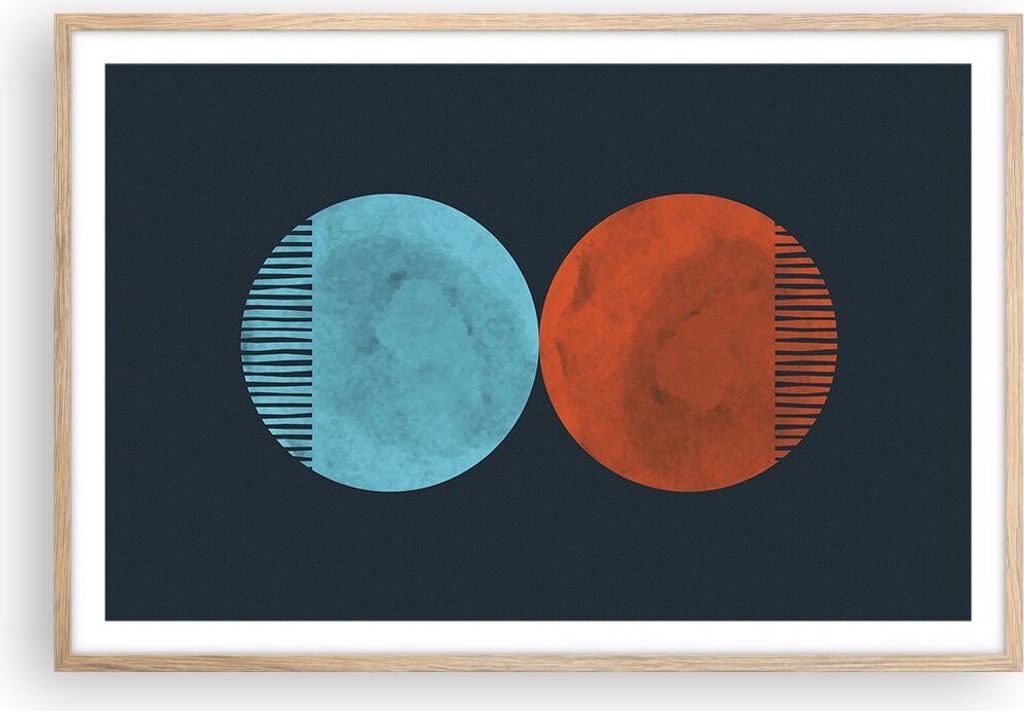 Gerahmtes Poster - Rahmen in heller Eiche - Abstraktion Blau Rot - 91,5x61 cm - Wand Bild - Wanddeko - Wandbilder - Kunstposter - Wandposter - Bild...