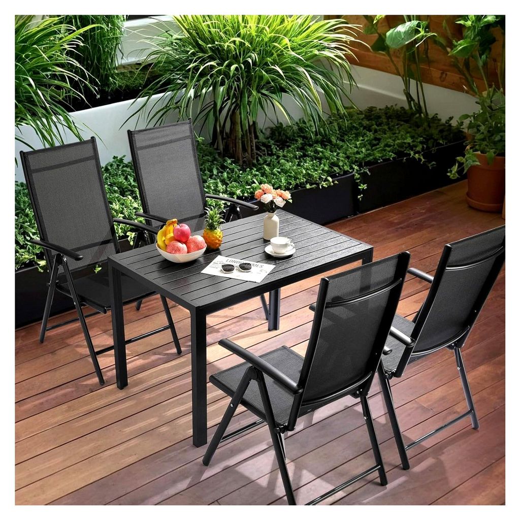 5-teiliges Gartenmöbel Set, Aluminium Balkonmöbel Set, 4 verstellbare Hochlehner Klappstühle + 110x70 cm WPC wetterfester rechteckiger Terrassen...