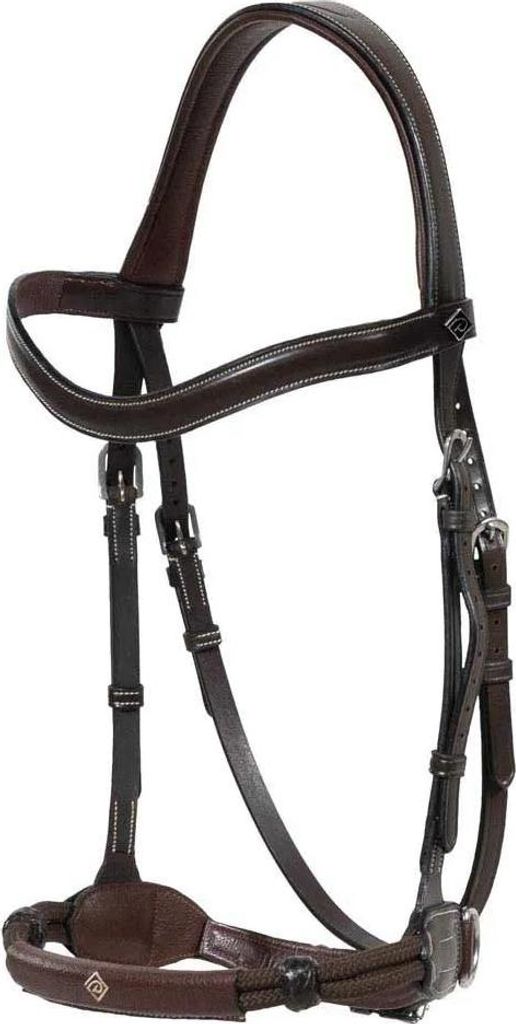 A dark brown leather horse bridle, shown against a white background.