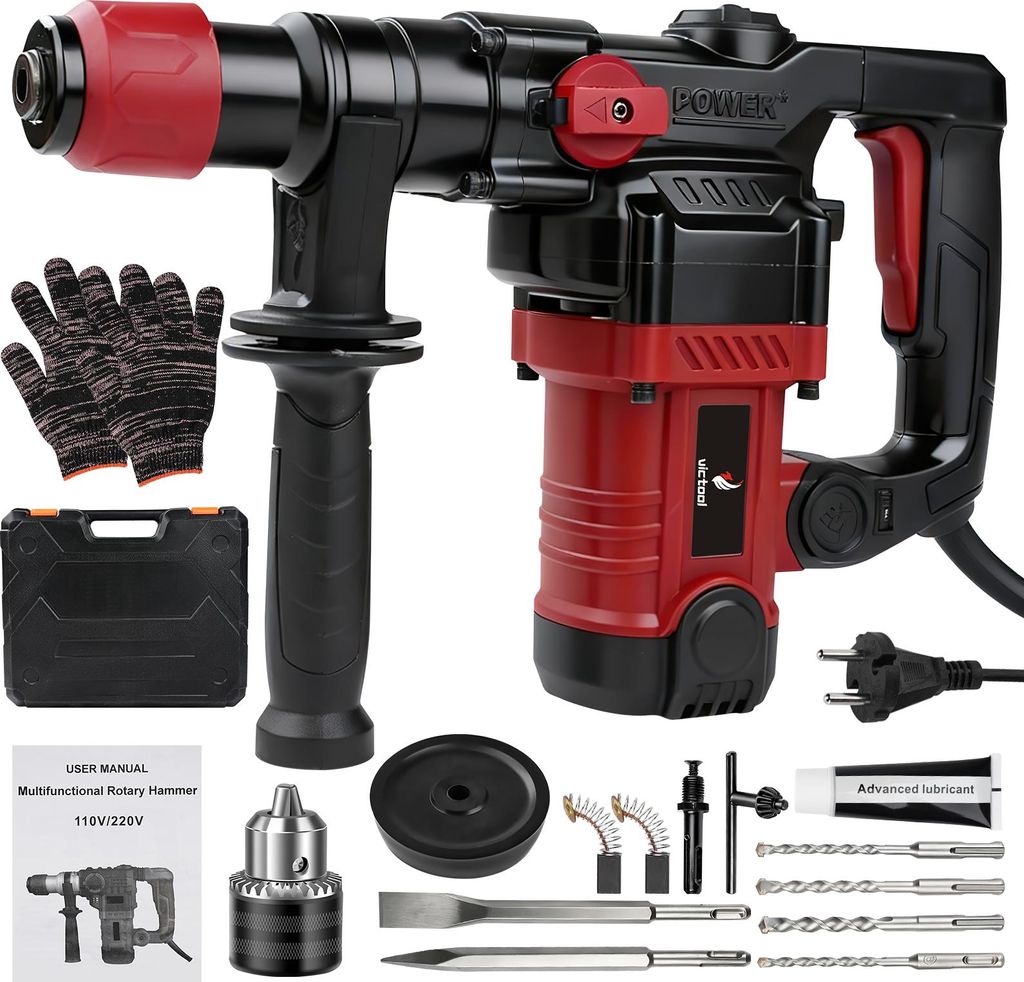 SDS-Plus Bohrhammer 1300W mit 6 Joule Schlagenergie – 4 Funktionen: Bohren, Meißeln, Hammerbohren & Nutenfräsen – 6 Drehzahlen (0-920 U/min) ...