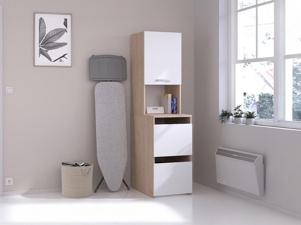 Badezimmerschrank mit Schränken und Einlegeböden - Natur hell und weiß - B 47 x H 184 cm - ERKANO