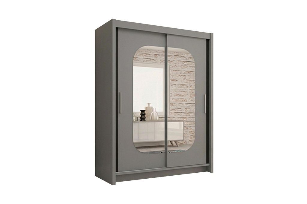 Schiebetürenschrank 180 cm Grau mit Spiegeln, Kleiderschrank mit 2 Spiegeltüren und schwarzen Glaselementen, Lieferung bis in die Wohnung