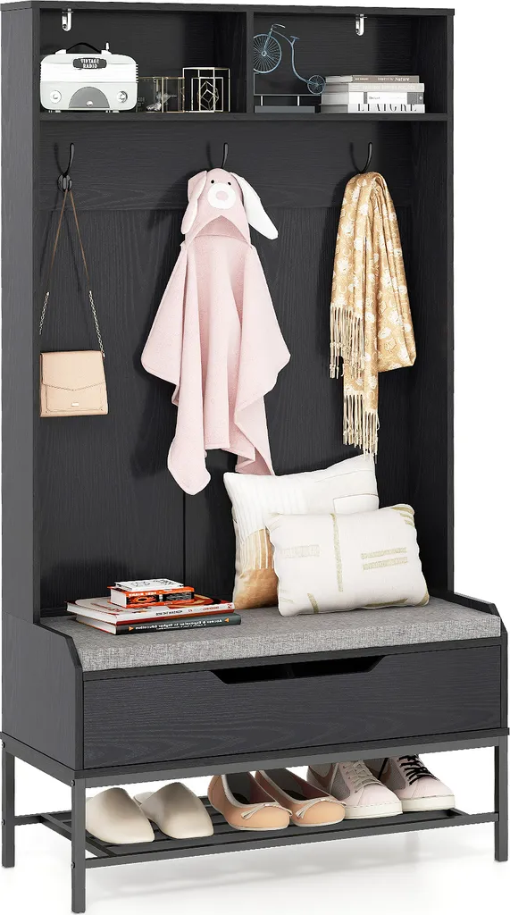 COSTWAY Porte-manteau 170 cm avec Banc d'Entrée et Coffre de Rangement