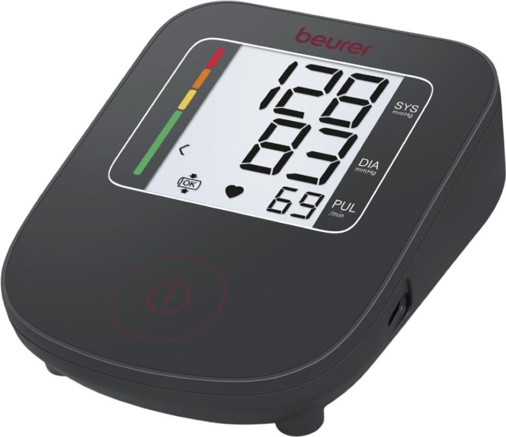 A digital blood pressure monitor is shown on a white background.