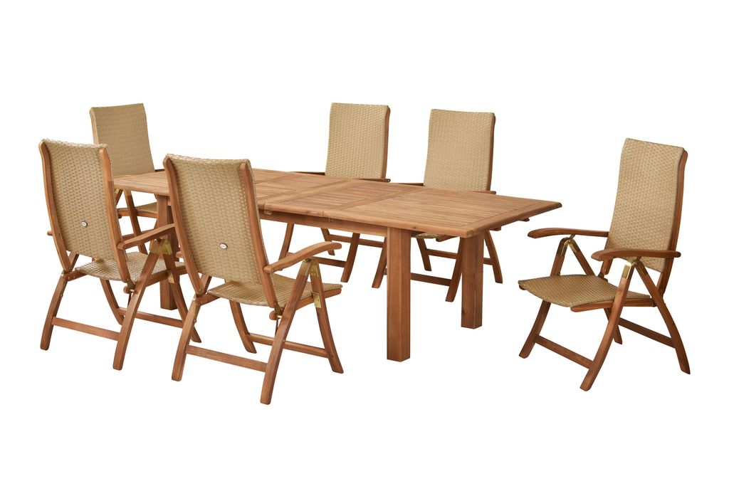 Merxx Gartenmöbel Set Capri 7tlg., 6 Klappsessel, Doppelausziehtisch 180 (220/260) x 100 cm - Akazie/Kunststoffgeflecht