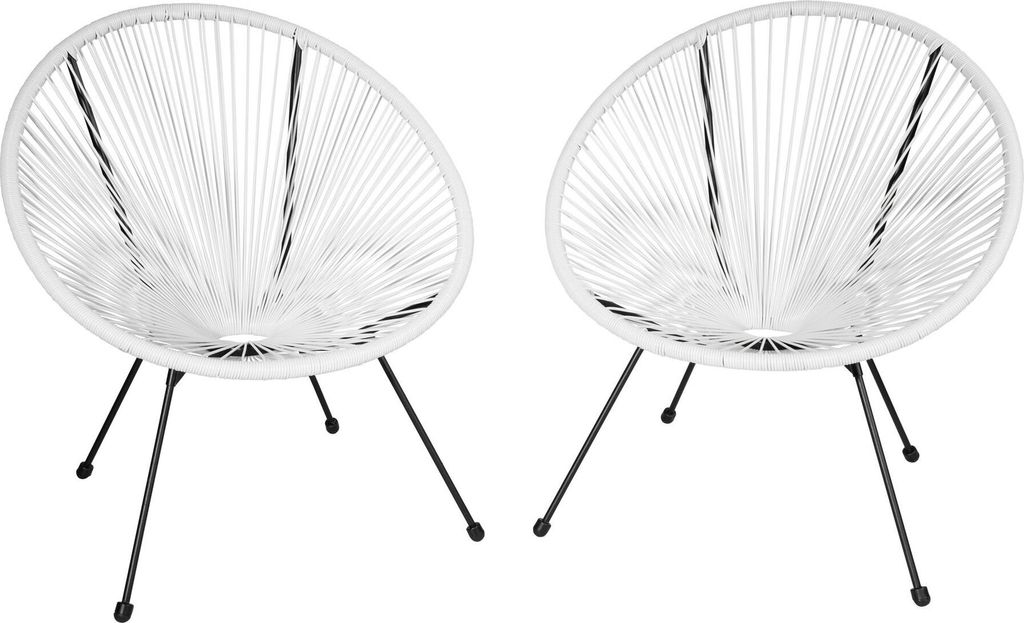 Two white Acapulco-style chairs with black metal legs are shown against a white background.
