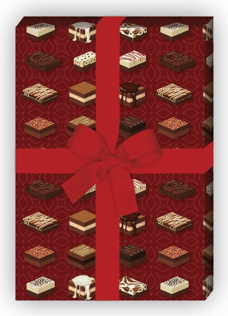 Leckeres Pralinen Geschenkpapier mit Blüten Muster auf rot - G7622, 32 x 48cm