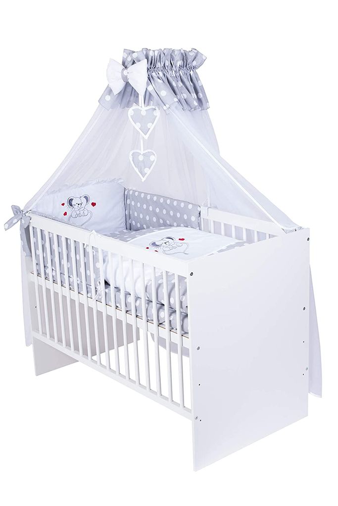 Babybett Kinderbett Gitterbett Teddybär 120x60 Grau Weiß NEU 