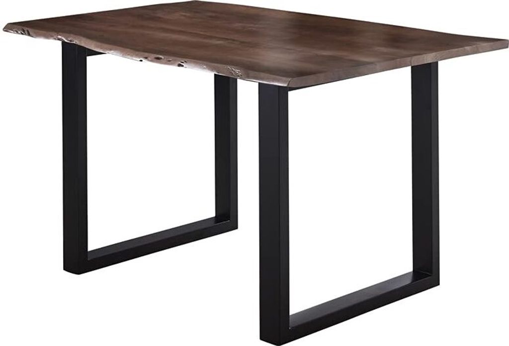 Esstisch 180x90 cm Lubin, Akazienholz nussbaumfarben, Massiver Esszimmertisch mit echter Baumkante, Baumkantentisch mit U-Gestell Schwarz, Holztisc...