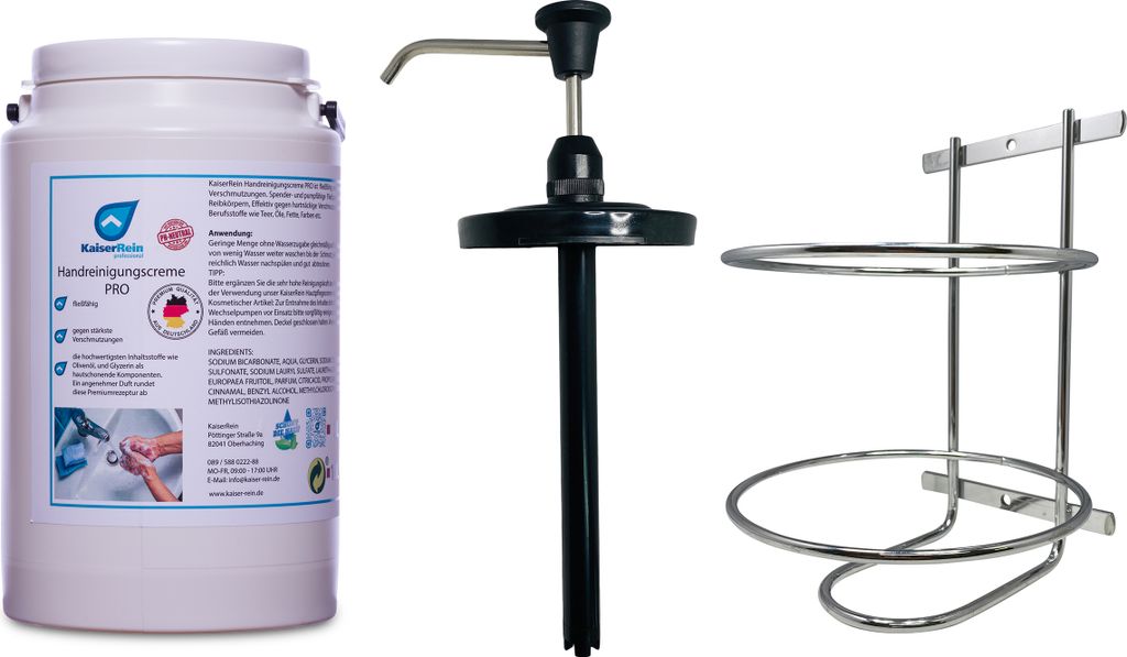 KaiserRein Handreinigungscreme PRO 3 L Handwaschpaste Eimer, Pumpspender und Wandhalter SET gegen stärkste Verschmutzungen Hocheffektiv gegen hart...
