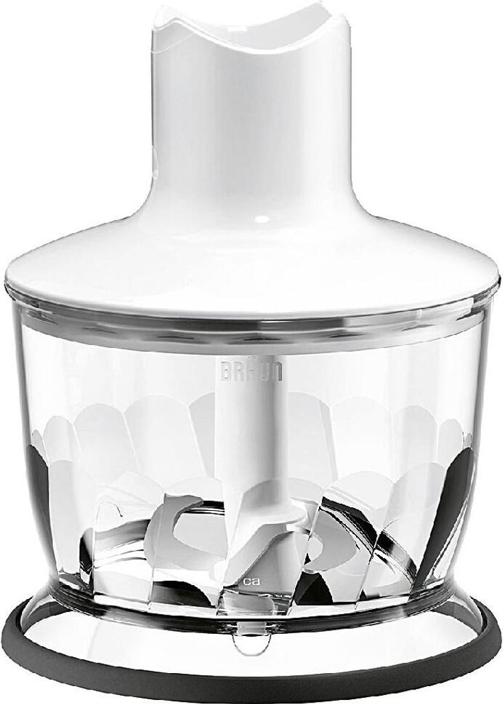 A white and clear blender attachment with blades inside.