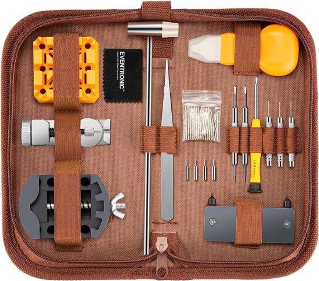 Gereedschapsset für Uhren, Uhren-Tools-Set in brauner Nylon-Tas, braun, neu, modern