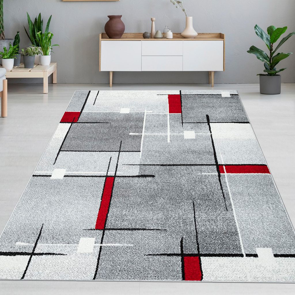 Tapis design à motifs graphiques - Gris, rouge & blanc Image du produit 