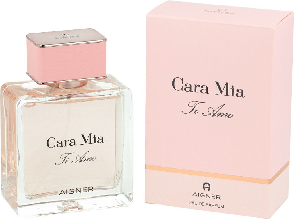 A bottle of Aigner Cara Mia Ti Amo Eau de Parfum for women and its matching pink box are displayed side-by-side against a white background.