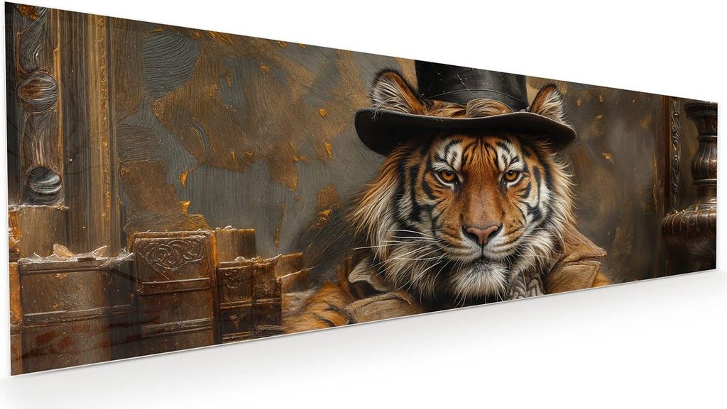 Glasbild 120x40cm in XXL für Wohnzimmer, Schlafzimmer Motiv Tiger mit Zylinder