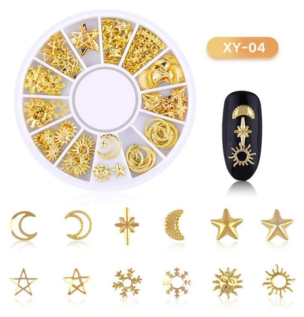 Schachtel Strasssteine für Nagelkunst, 3D-Nageldekorationen, Nagelperlen in verschiedenen Größen, Glitzer-Strasssteine, goldene Metall-Hohlniete...