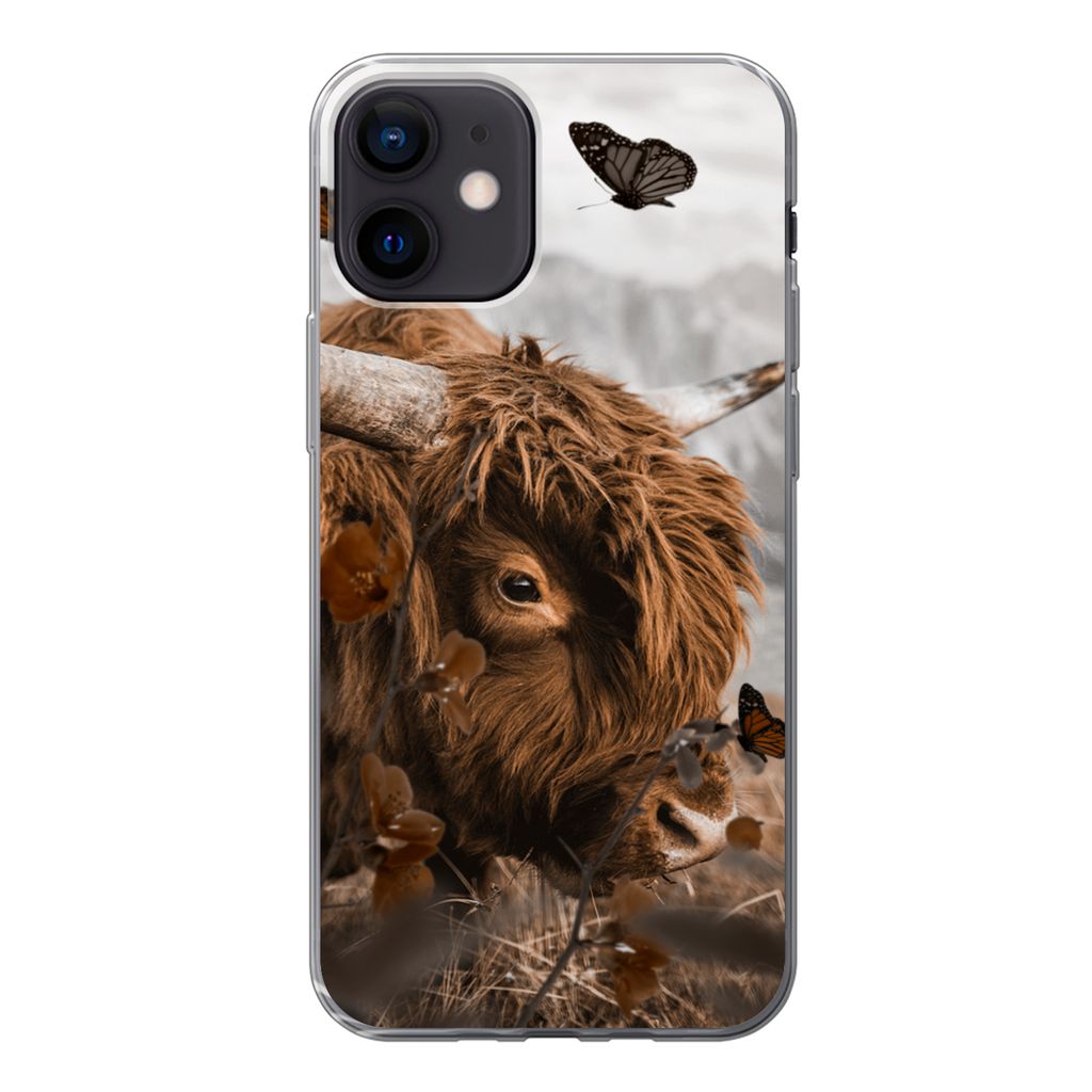 MuchoWow Handyhülle Schutzhülle Hülle für iPhone 12 Scottish Highlander - Schmetterlinge - Pflanzen Silikon Softcase Handy Hülle - Schutzhülle