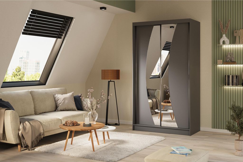 Schiebetürenschrank 120 cm Flow mit Spiegel und Schubladen Graphitfarbener Kleiderschrank mit Schiebetüren und Spiegel Moderner Kleiderschrank mi...